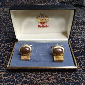 Vintage Foster USA Gold Tone Oval Cufflinks WrapARound Brown Stone Shirt Tux